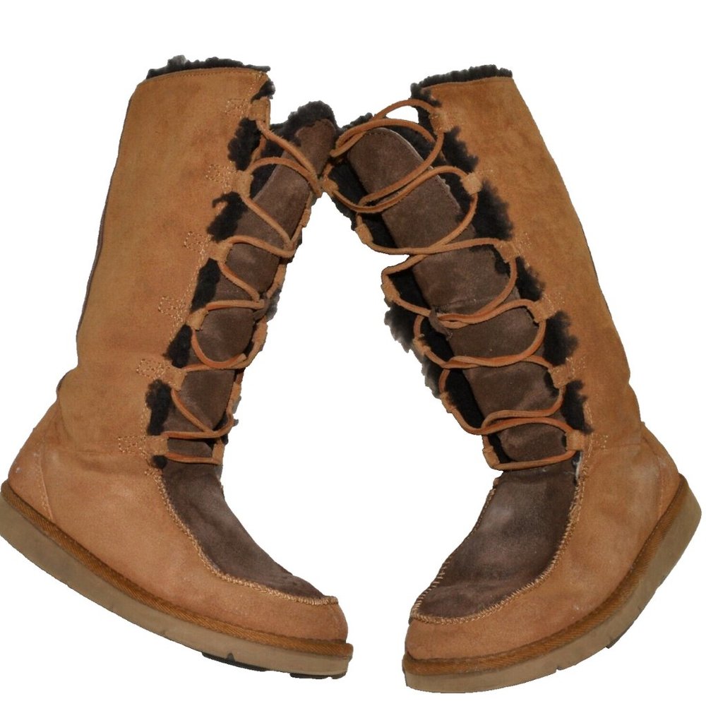 UGG AUSTRALIA UGGS WHITLEY SZ 6 M 37 BROWN BEIGE TALL LACE UP SHEARLING BOOTS